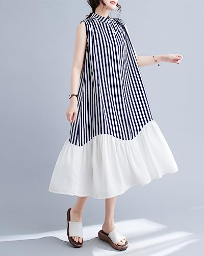 Image of ellazhu Women's Summer Sleeveless Midi Length Stripe Solid Color Patchwork Dress GA2654 A