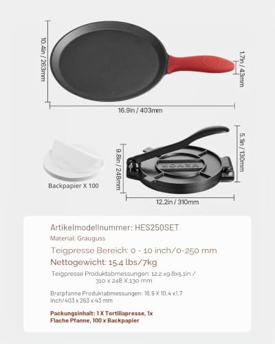 VEVOR Tortillapresse Taco Presse (25 cm) aus Graueisen, robuste Pataconera-Maker mit Griff & 100 Stk. Pergamentpapier, Teig-Presse für Tortilla, Kolumbianische Pataconera professionelle Roti Maker