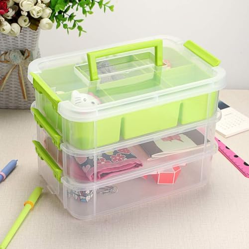 Image of plastic boxes for Storage transparent boxes for storage, Portable & Stackable Space Saving Organiser with Lid for Medicine, Jewelry, Arts & Crafts, Buttons, Beads (Green, 3 TIER WITH 1 TRAY)