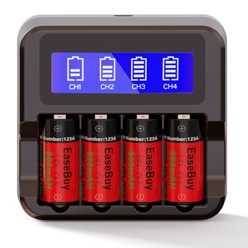 123A Rechargeable Batteries, EaseBuy 4-Pack 3.7V ICR17335 Rechargeable Batteries and Charger for Arlo VMS3130 VMC3030 VMK3200 VMS3330 3430 3530 Cameras, Alarm System, Flashlight