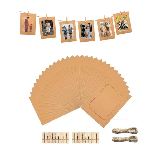 20 Pezzi Cornici Foto in Carta Kraft - Set Completo con Clip di Legno e Corda di Canapa, Cornici Portafoto 15x10 cm per Decorazione Parete DIY - Per Casa, Ufficio e Scuola (Marrone Naturale)