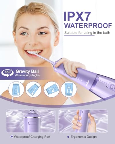 Munddusche Kabellos Elektrischer Zahnreiniger, Sejoy Zahndusche Water Flosser 5 Modi & 6 Düsen USB-C Wiederaufladbare Wasser Flosser IPX7 Wasserdicht, 280ML Wassertank Mund Reiniger (Lila) – Bild 6