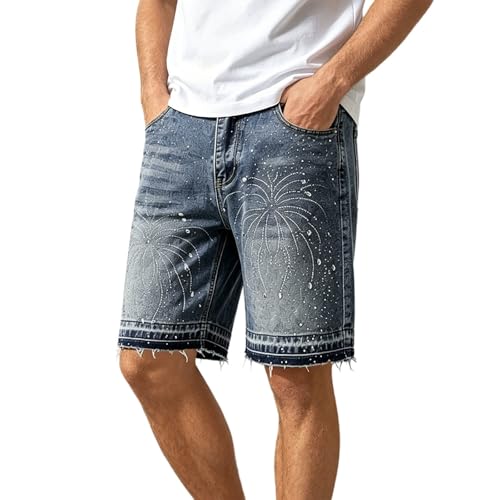 Bermuda jean ample homme aux finitions soignées en strass feu d'artifice et ourlet brut