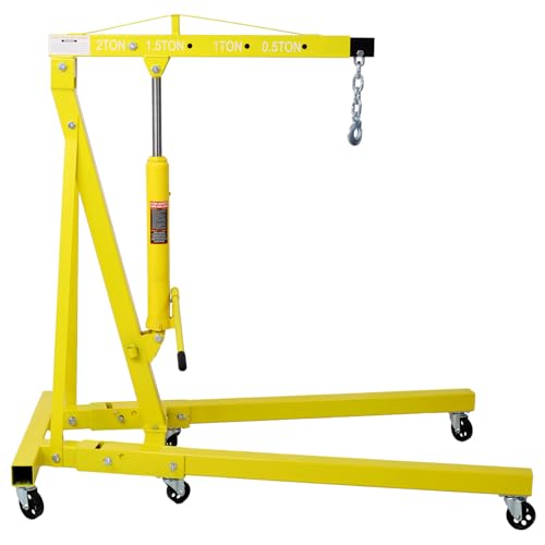 Kaimei 2 Ton Folding Engine Hoist with Hydraulic Lift: Heavy Duty Steel Shop Crane for Automotive Repair, 4000lb Capacity, 360° Swivel Wheels - Yellow