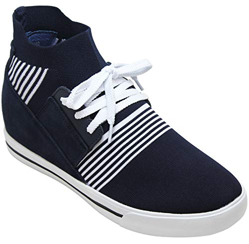 Toto Men's Invisible Height Increasing Elevator Shoes - Blue/White Knitted Lace-Up High-Top Ankle Sneakers - 2.8 Inches Taller - H36092 - Size 9 D(M) Us #TOP1