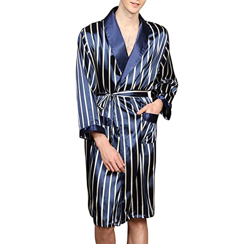 Lu's Chic Men's Long Sleeve Satin Bath Robe 2 Piece Pajamas Set Satin Shorts Plaid Printed Soft