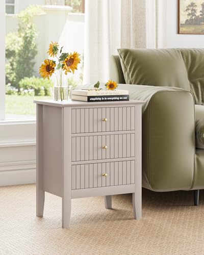 Image of Night Stand, Fluted Nightstand Bedside Tall Farmhouse Nightstand with 3 Drawers, Mid Century Modern Side Accent Table,Bedside End Table for Bedroom, Living Room, Khaki