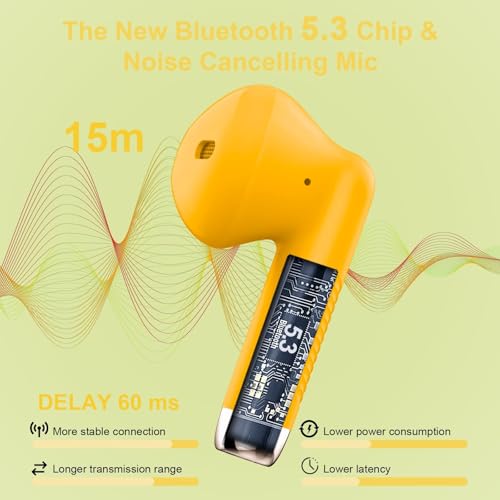 Image of Wireless Earbuds, Bluetooth 5.4 Earbuds Stereo Bass, Bluetooth Headphones in Ear Noise Cancelling Mic, Earphones IP7 Waterproof Sports, 32H Playtime USB C Charging Case Yellow Ear Buds for Android iOS