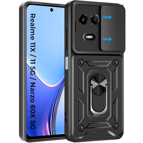 Image of A rtistque Armor Bumper Back Case Cover for Realme 11x / Realme 11 / Narzo 60x 5G | Stylish Ring Holder & Inbuilt Stand | Sliding Camera Cover | Realme 11x Back Cover - Black