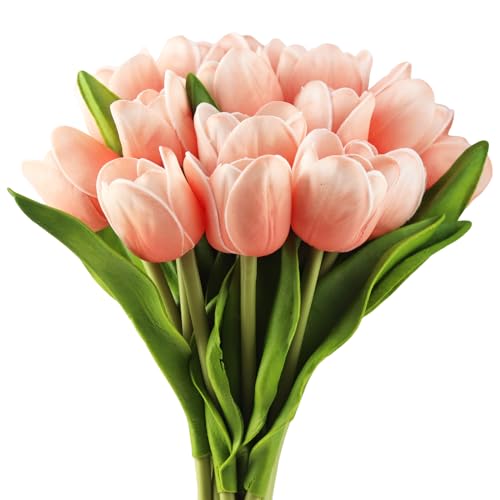 Buart Artificial Tulip in Bulk for Home Kitchen Wedding Bridal Bouquet,Fake Flowers for Valentine's Day Mother's Day Easter Table Centerpieces Decorations(Peach,Real-Touch,12pcs)