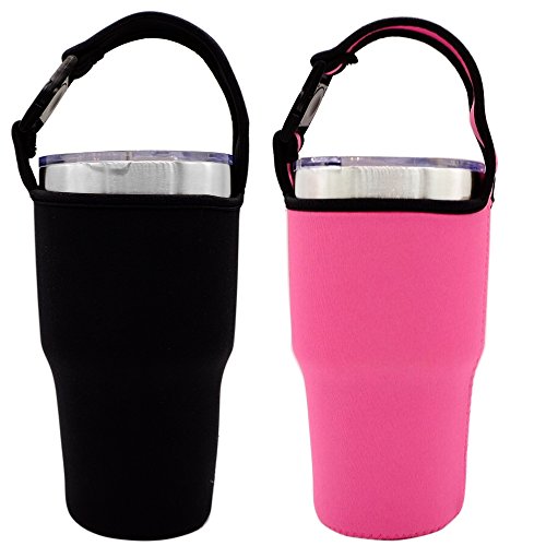 Tumbler Carrier Holder Pouch For All 30oz Stainless Steel Travel Insulated Coffee Mug, IHUIXINHE 2 Pack Neoprene Black Sleeve Accessories with Carrying Handle, Light Hand Free Bag (Black&Pink)