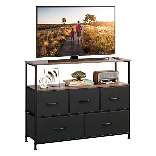 WLIVE Dresser TV Stand, Entertainment Center with Fabric Drawers, Media Console Table with Open Shelves for TV up to 45 inch, Storage Drawer Unit for Bedroom, Living Room, Black and Rustic Brown