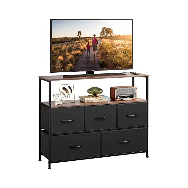 WLIVE Dresser TV Stand, Entertainment Center with Fabric Drawers, Media Console Table with Open Shelves for TV up to 45 inch, Storage Drawer Unit for Bedroom, Living Room, Black and Rustic Brown
