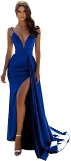 Deep Mermaid Prom Dresses V-Neck 2022 Long with Train Satin Formal Sexy Warp Evening Gowns with Slit DR0037