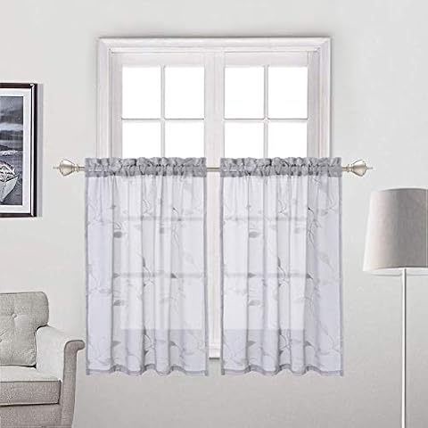 Haperlare Cafe Curtains with Elegant Leaf Embroidery Pattern, Linen Textured Sheer Short Bathroom Window Curtain, Grey Ribbon Embroidered Half Window Covering Voile Tier Curtains, 26" x 36", Set of 2 Cover