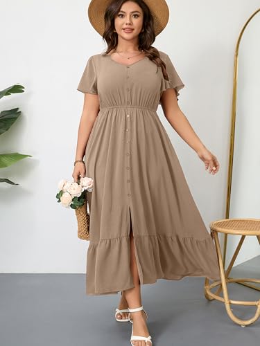 Image of RWJ Women Plus Size Maxi Dress V Neck Short Sleeve Button Trim Split Flowy Tiered Casual Long Dresses 2025 L-3XL