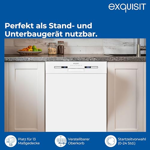 Exquisit START Geschirrspüler 60 cm, 13 Maßgedecke, Unterbaufähig, 11 Liter, Startzeitvorwahl, Restlaufanzeige, 7 Spülprogramme, GSP9313-030E weiss