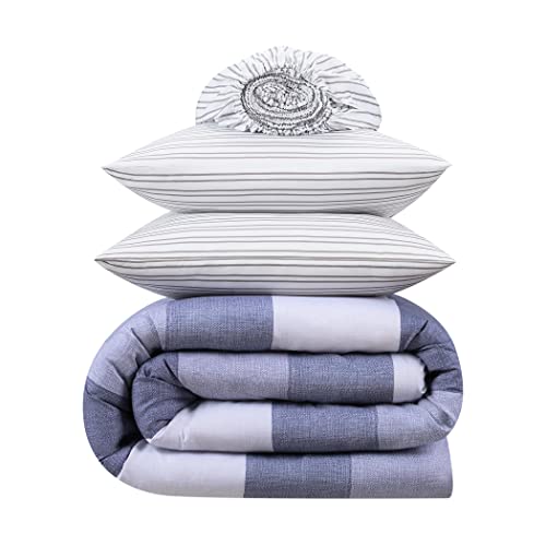 Serta Simply Clean Billy Soft 7 Piece Stripe Bed In A Bag Complete Bedding Comforter Set With Sheets And Pillow Cases For All Season, Full, Blue #TOP5