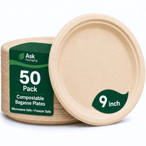 Strong Paper Plates (9inch - 50 Pack) 100% Compostable Disposable Plates Heavy Duty Natural Sugarcane Eco-Friendly Biodegradable Plastic Free Bagasse Party Plate Microwave & Freezer Safe