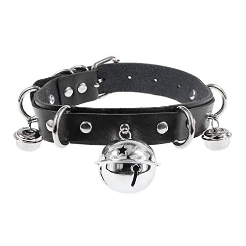 Borsgye Leder Choker Halskette Damen Gothic Punk Rock Halsband PU Leder Choker Kette Einstellbar Band Kragen Breit Verstellbar Halskette - Glocke Halsband AW Schwarz