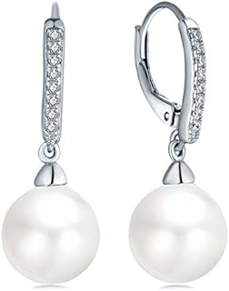 JO WISDOM Women Earrings,925 Sterling Silver 10mm Pearl Leverback Drop Earrings with AAA Cubic Zirconia,Wedding Earrings