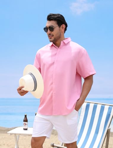 Rioofinx Men's Button-Down Shirts Wrinkle Free Short Sleeve Shirt Textured Linen-Look Casual Top for Summer, Beach Vacation Linen-Pink XXL — view 2