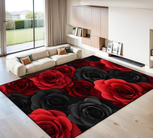 Tapete Lavable 8x10 para Sala con Diseño Floral Rojo y Negro miniatura 1