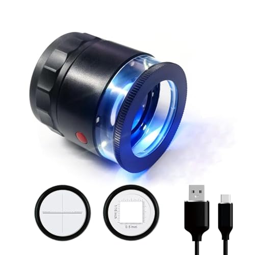 Rechargeable Loupe 10x Jewelers Loupe Magnifier with UV and LED Lights Led Eye Loop Adjustable Focus Jewelry Magnifying Glass with Interchangeable Reticle Scales for Gemstones Identification