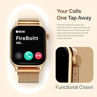 Fire-Boltt Rise Round Smart Watch 1.85″ HD Display with Bluetooth Calling, Rotating Crown, AI Voice Assistant, SpO2 & Heart Rate Monitor, 120+ Sports Modes, IP67 Waterproof Metal Smartwatch - Gold