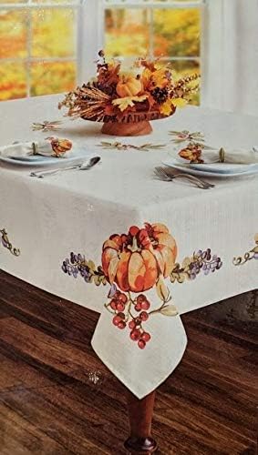 Harvest Table Fabric Tablecloth Autumn Pumpkins, Berries and Leaves Ivory 60" x 84"