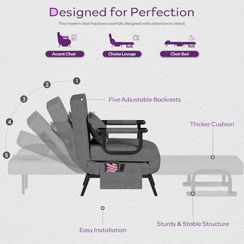 Image of TYBOATLE Sleep Chair Bed, Comfy Convertible Sleeper Chairs for Adults, 5 in 1 Folding Sofa Bed with Adjustable Backrest & Side Pockets & Pillow, Cozy Small Couch for Small Spaces, Office (Dark Grey)