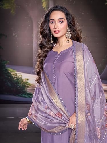 Image of Women's Cotton 3 /4 Sleeves Purple Straight Kurti with Matching Pant & Printed Dupatta Set