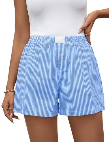 Image of Rapbin Pyjamas Shorts Women Striped Cotton for 2026 Summer Casual Soft Ladies Sleep Lounge Short Sky Blue Pinstripe