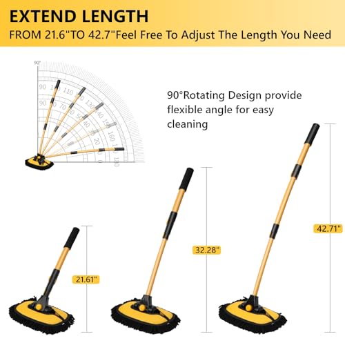 DEPOTA Car Wash Brush with Long Handle, 15°Curved Car Cleaning Brush with Replaceable Head Cover, Truck Washing Brushwith Telescopic Handle Wash Mop Kit 5PCS