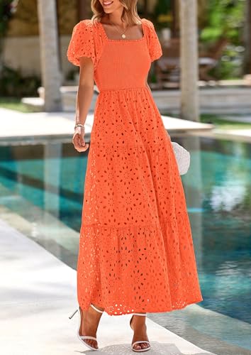 Image of PRETTYGARDEN Summer Dresses for Women 2026 Eyelet Square Neck Puff Sleeve Smocked Wedding Guest Maxi Dress with Pockets