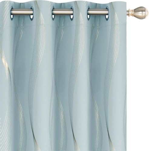 Deconovo Cortinas Salón Opacas Modernas Color Sólido Líneas Onduladas Estampadas Doradas para Dormitorio Decorativo con Ojales 2 Piezas 132x183cm Azul Claro