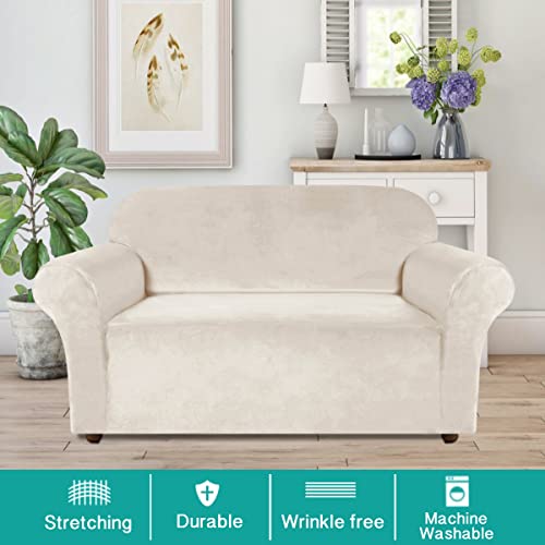Turquoize Velvet Sofa Slipcover Stretch Couch Covers For 2 Cushion Couch Thick Soft Sofa Cover Washable Furniture Protector, Couch Covers For Dogs, Form Fit Couch Slipcover (Loveseat, Ivory) #TOP1