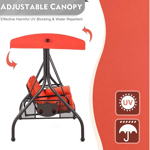 Image of HOMREST 3 Seat Outdoor Porch Swing with Adjustable Canopy, Convertible Patio Swing Bed with Stand, Patio Glider Swing with Upgraded Cup Holder, Thicken Cushions ＆ Pillow for Backyard(Orange)