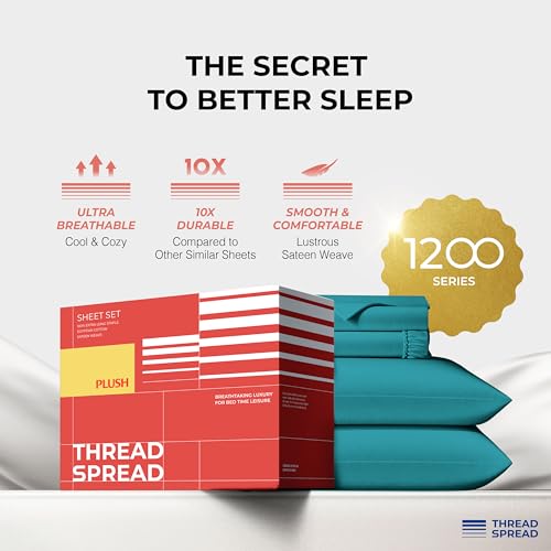 Image of THREAD SPREAD 100% Egyptian Cotton King Size Sheets Set - Luxury 1200 Series Plush Collection Egyptian Cotton Sheets King Size (4 PC, Teal), Silky Soft, Cooling, 17 inch Deep Pocket Bed Set