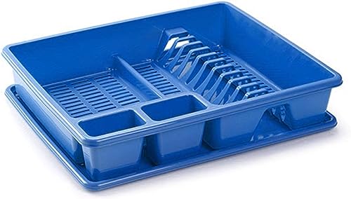FlashPrix Égouttoir à vaisselle avec plateau, égouttoir à vaisselle en plastique résistant pour cuisine, compact, grande capacité, 48 x 38 x 9 cm, bleu