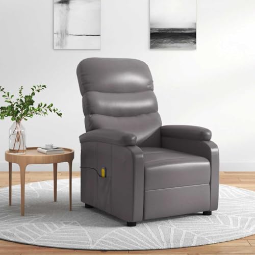 Teenpull Sillón de masaje de piel sintética gris con masaje de vibración de 6 puntos, respaldo y reposapiés ajustables, puerto USB, bolsillo lateral, cómodo sillón relax para salón y oficina