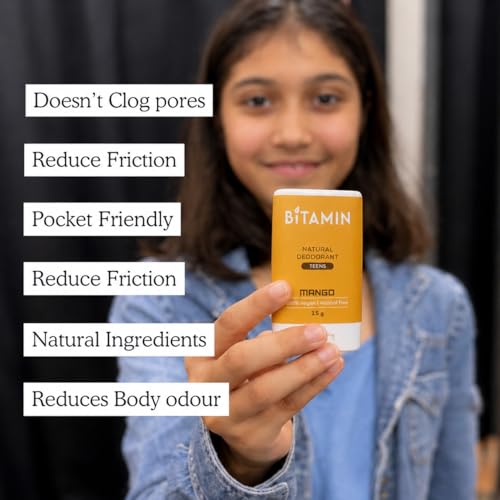Image of BiTAMIN Mango Natural Deodorant for Kids & Teens | Stick for girls & boys with added 3% Vitamin C & E | Alcohol & Parabens free Teen Skincare | Odour Control | Long Lasting & Vegan 15g (Pack of 1)