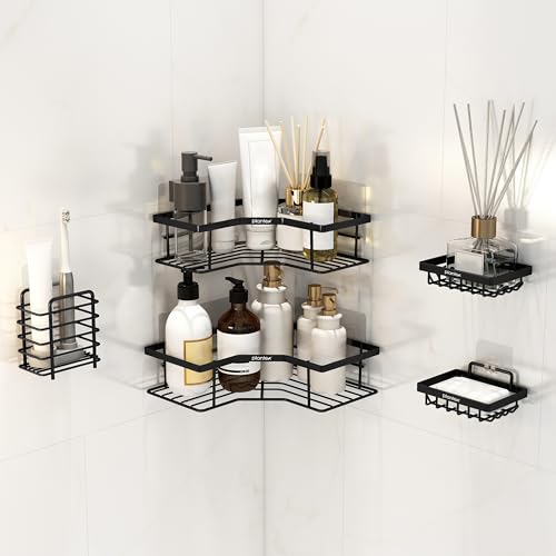 Image of Plantex Alloy Steel Self Adhesive Bathroom Shelf Rack /Bathroom Organizer Without Drill /Soap Dish /Multipurpose Corner Shelf for Bathroom Wall /Soap Holder /Tumbler Holder-Combo(Black)