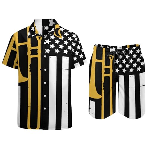 United States Flag Trombone Men's Hawaiian Shirt Button Down Top Shorts 2 Piece Outfits2