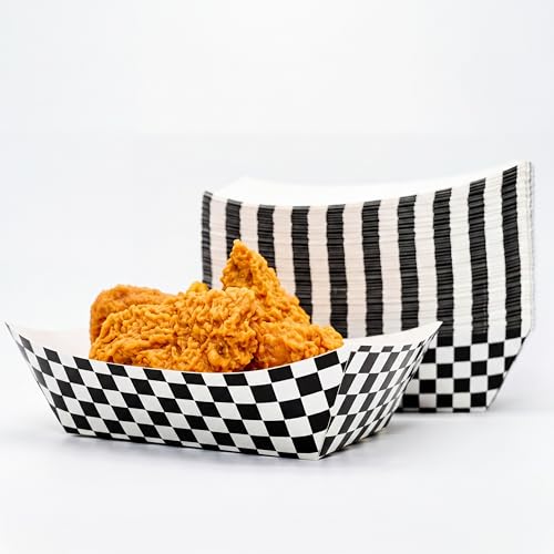 Yaure Joy No Folding Required 50 Pcs 2lb Gingham Party Supplies Disposable Paper Food Trays for Shower Wedding Tea Party Supplies Nacho Snack (Black)