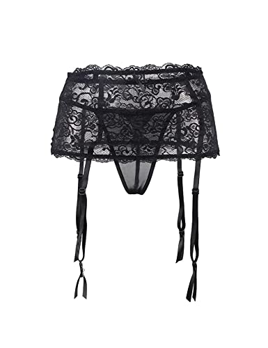 Ohyeahlady Mesh Plus Size Black Garter Belts With Vintage Straps Clip Clasp For Stockings Lingerie With G-String Xl-Xxl #TOP2