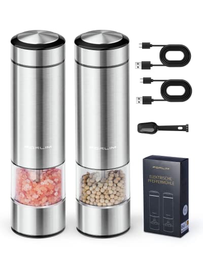Forlim Rechargeable Electric Salt And Pepper Grinder Set - Automatic One-Handed Operation Mill With Light (2 Mills) - Electronic Adjustable Shakers - Ceramic Grinder- Gorgeous Silver #TOP5
