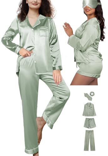 5Pcs XS-XXL Womens Silk Satin Pajamas Sets Long Pj Sets Button Down Pjs Set Loungewear Sleepwear