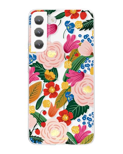 Coque protection Galaxy S22 Plus transparente fleurie avec bord doré