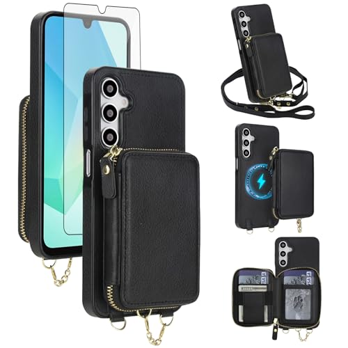 Phone Case for Samsung Galaxy A16 5G/4G Wallet Zipper Handbag Cover and Screen Protector Crossbody Lanyard Strap 2-in-1 Magnetic Detachable RFID Blocking Flip A 16 16A SM-A166U Women Men Black